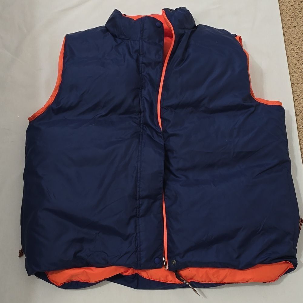 LL Bean Vest Jacket Womens Medium Blue Orange Puffer Goose Down Reversible
